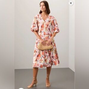 Caara Women's Asti Dress V Neck Orange Puff Sleeve Floral Printed Size L